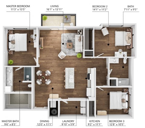 Floor plan for 3 beds, 2 baths, 1383 sqft